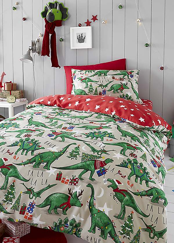 Happy Linen Co. Festive Glow in the Dark Dino Reversible Duvet Cover Set |  Grattan