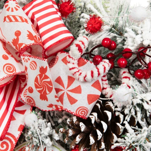 Heavily Flocked Pine with Candy Cane Striped Ornaments Christmas Wreath -  28' - Unlit | Christmas