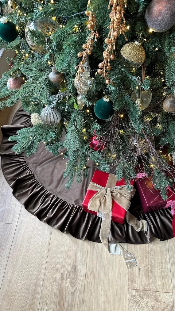 Holiday Decor Ruffled Christmas Tree Skirt Visland Velvet Christmas Tree  Skirt 48 Inch Ruffled Holiday Tree
