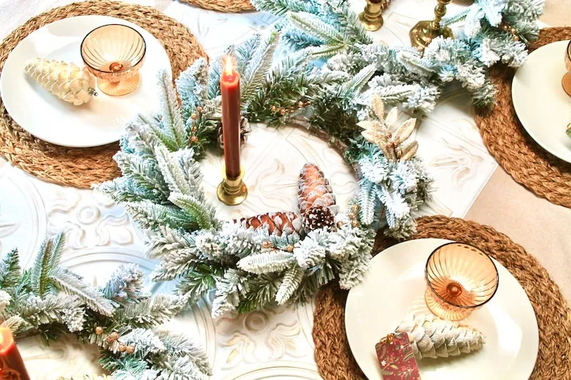Homemade DIY Christmas Table Decorations with Flocked Wreaths