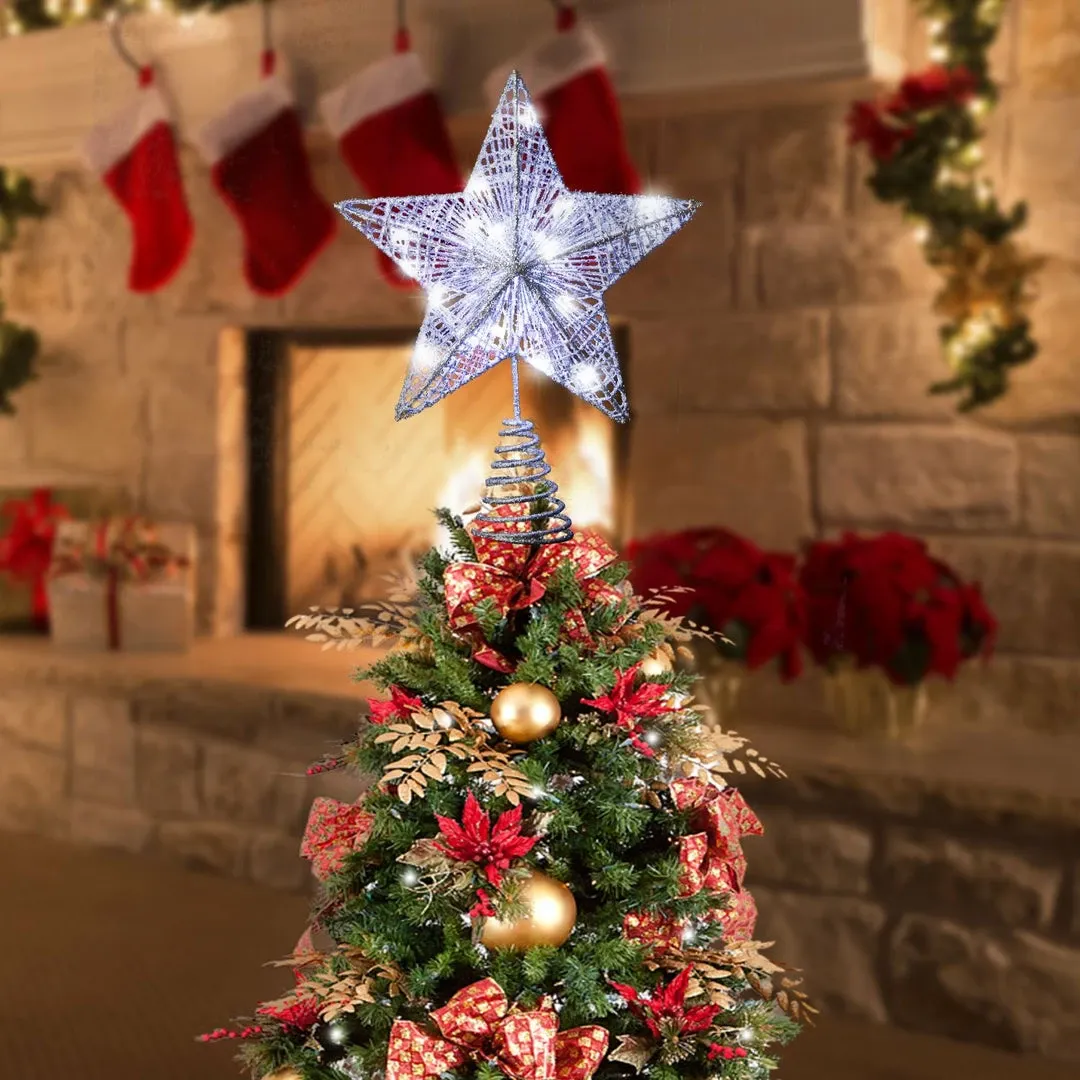 Joiedomi Christmas Tree Toppers, Glittery Silver Star Tree Topper Lighted  With White LED Lights is simple modern style