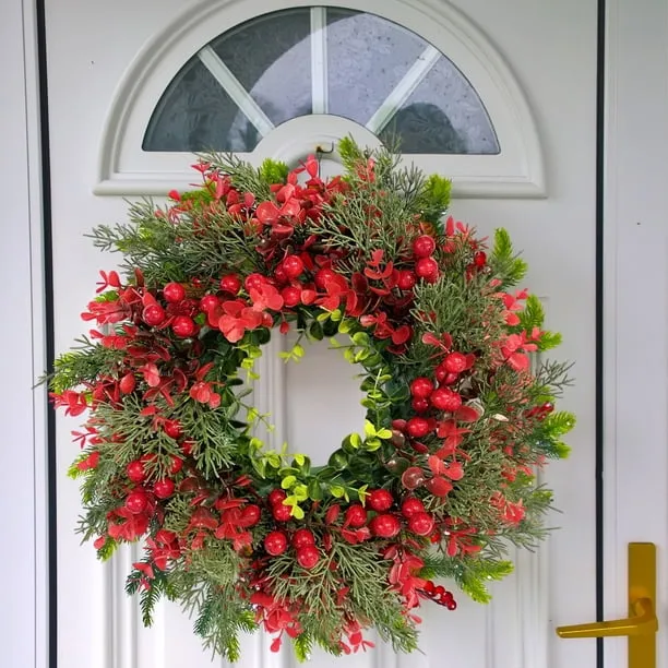 JWshufel Christmas Wreath with Lights for Door Hanging Realistic Design  with Cranberries and Leaves Suit Indoor Outdoor Holiday Decor Welcome  Guests and Enhance Festive Ambiance 13.4in Multicolor - 