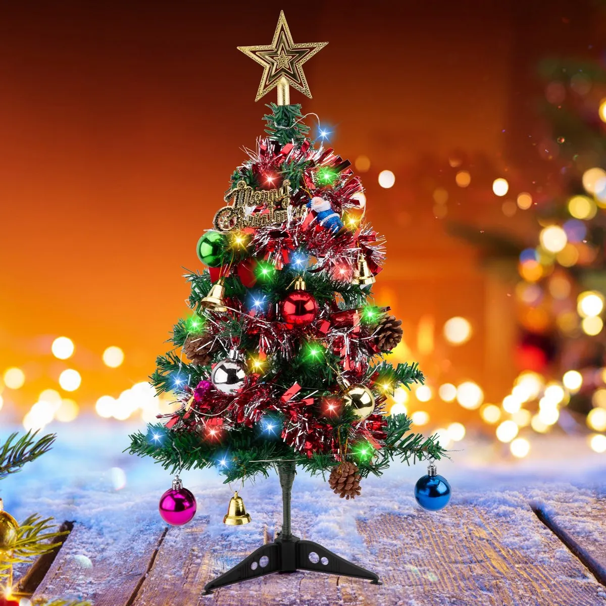 LED Christmas Tree Ornaments 60cm (2 Ft) Unbranded Tabletop Christmas Tree With LED Lights & Mini Ornaments – Green Artificial