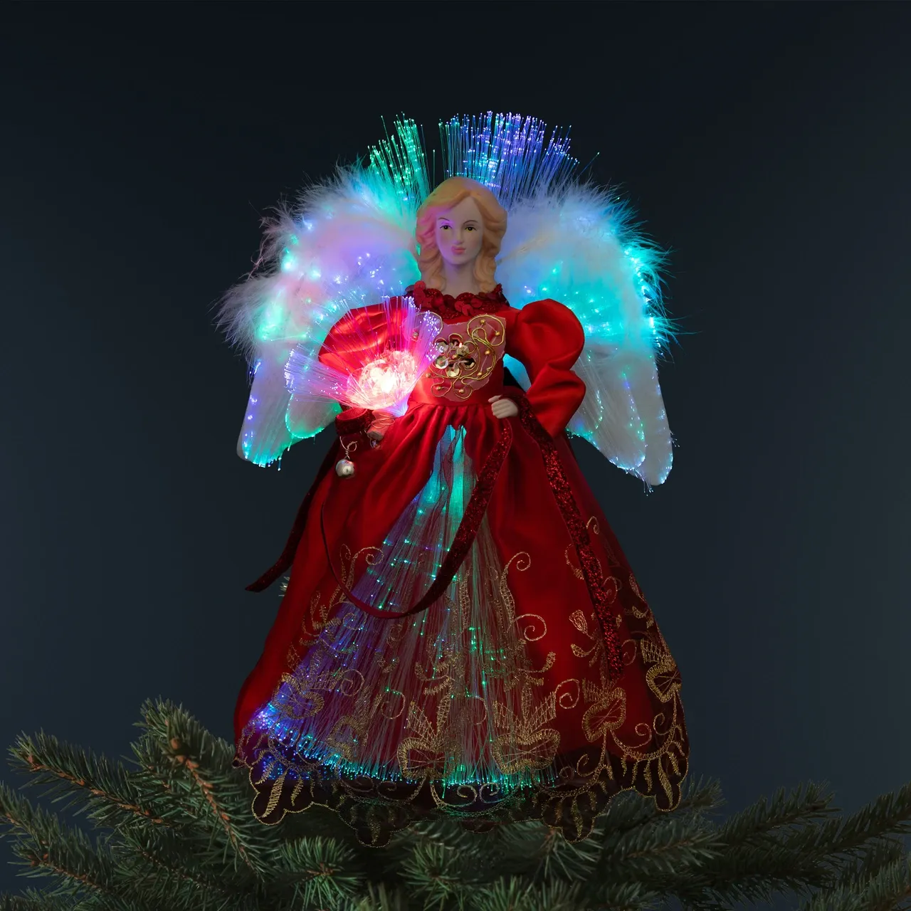 Lighted Fiber Optic Angel Christmas Tree Topper - 12' - Red and Gold