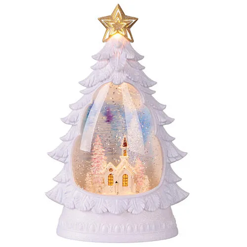 Lighted white Christmas tree church village with glitter, 20x10x30 cm |  online sales on HOLYART.com