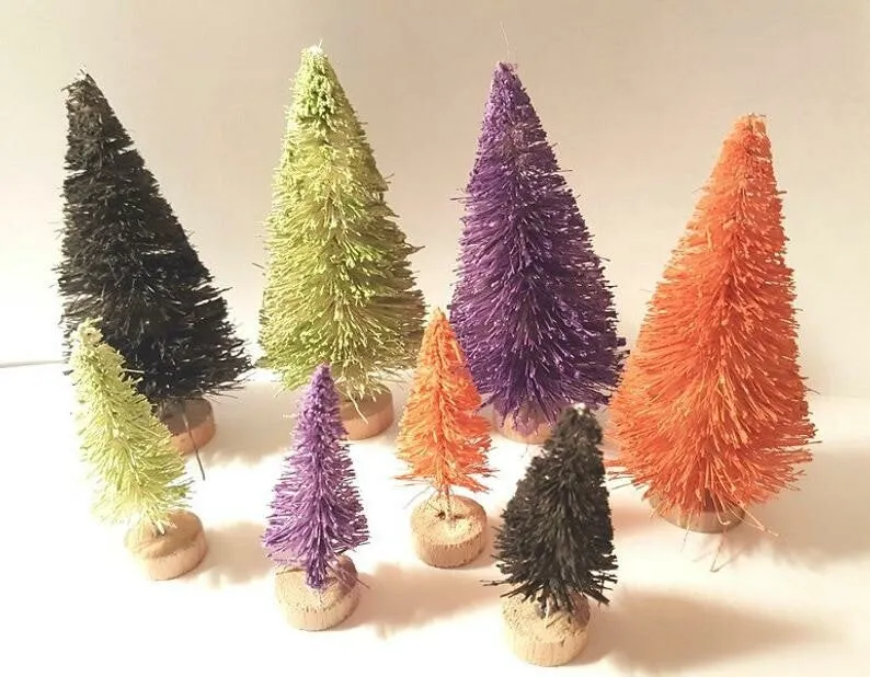 Lot of 8 Black Purple Orange & Green Spooky Village Decor Mix Miniature Sisal Bottle Brush Trees | Bottle Brush Tree Store - Wholesale sisal bottle brush trees Holiday Decor & craft supplies
