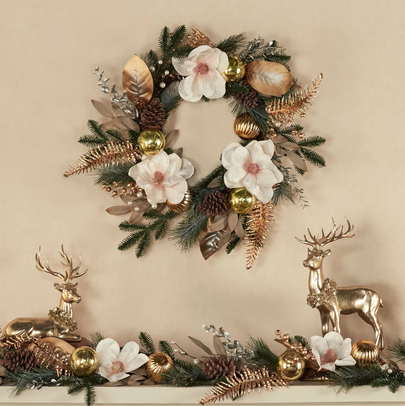 Magnolia Flower and Ornament Faux Pine Winter Wreath