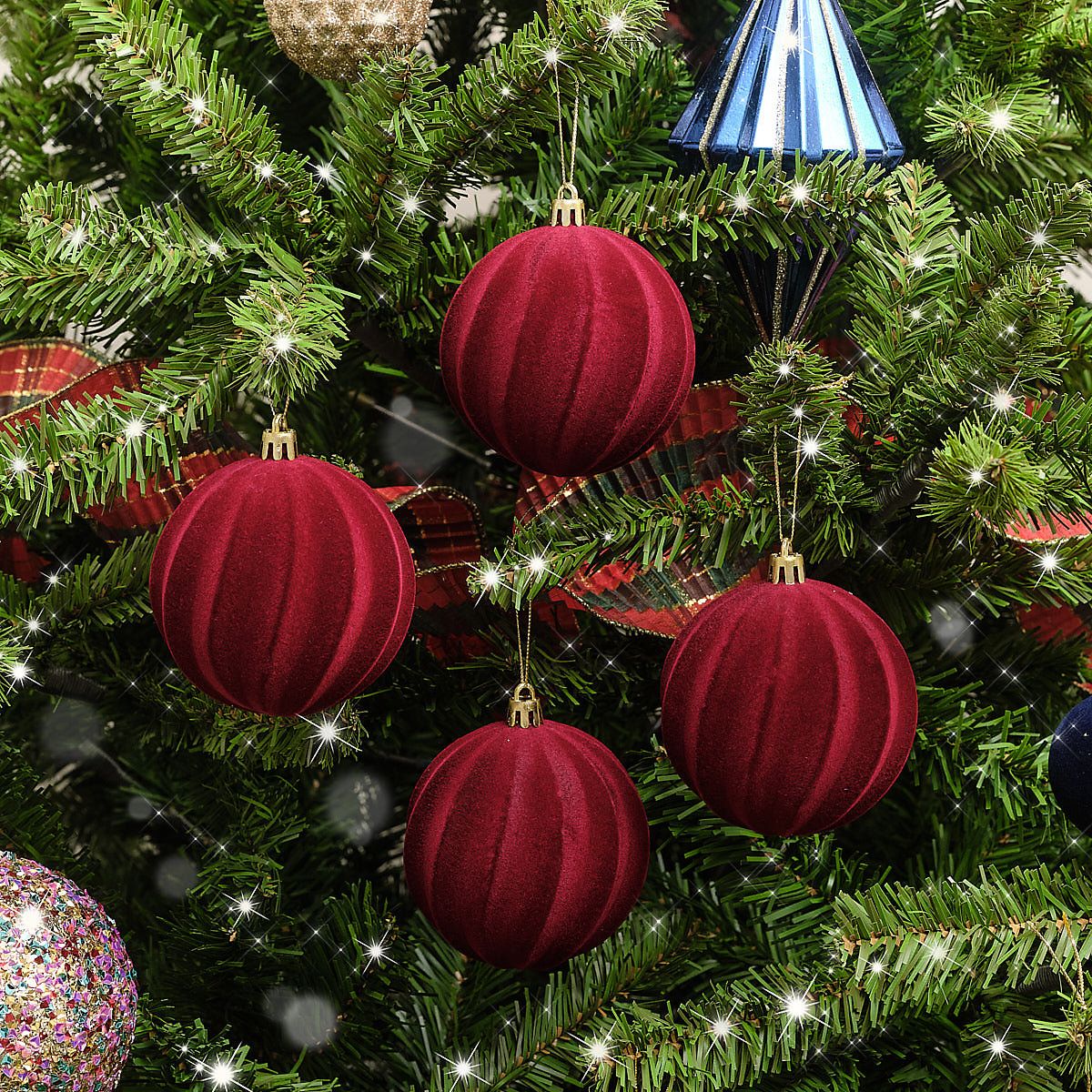 Melody Maison Set of 4 Round Flocked Dark Red Twist Baubles