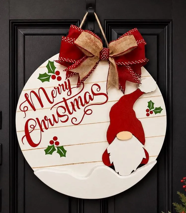 Merry Christmas Gnome Door Hanger | Layered Vinyl Round Holiday Sign
