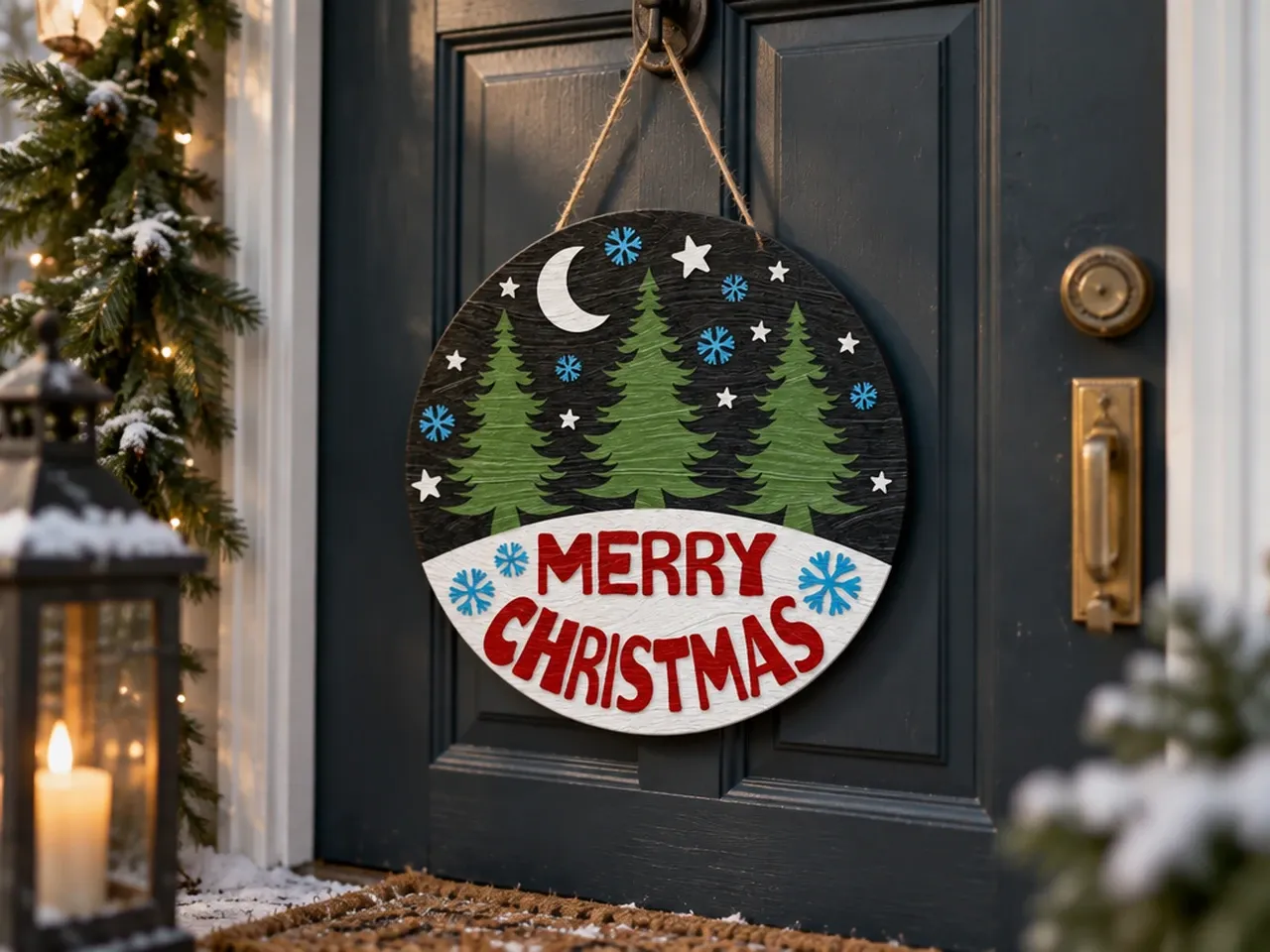 Merry Christmas Round Door Hanger with Pine Trees and Snowflakes - Free  Files - Atomm