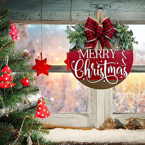 Merry Christmas Wreath Sign for Front Door, Wooden Welcome Wreath Sign with  Bow