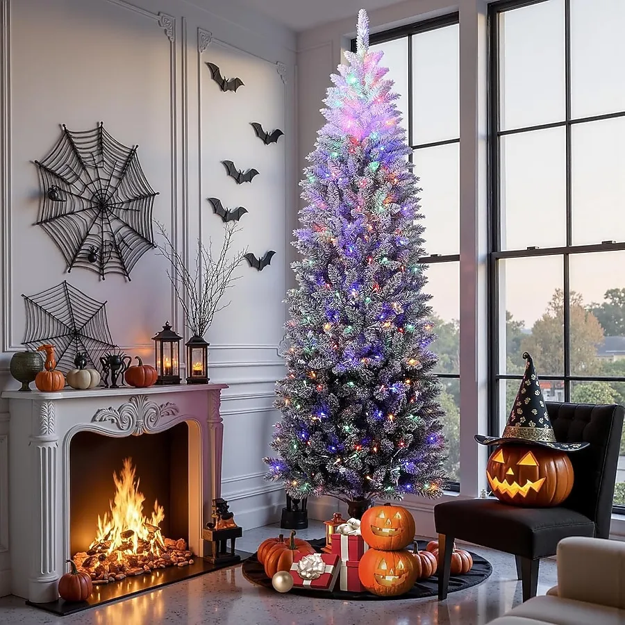 Modern Flocked Pencil Christmas Tree East Urban Home Realistic Snow Flocked Christmas Trees, Pink Metal Structure,