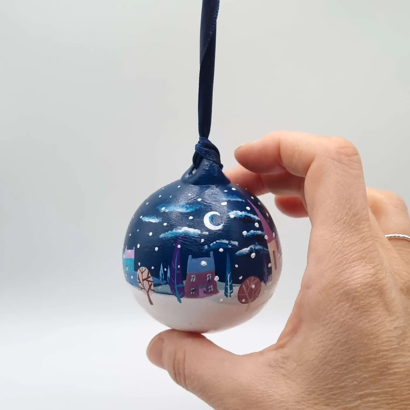 Navy Pastel snow scenes handpainted baubles - Kerry Shearer Art