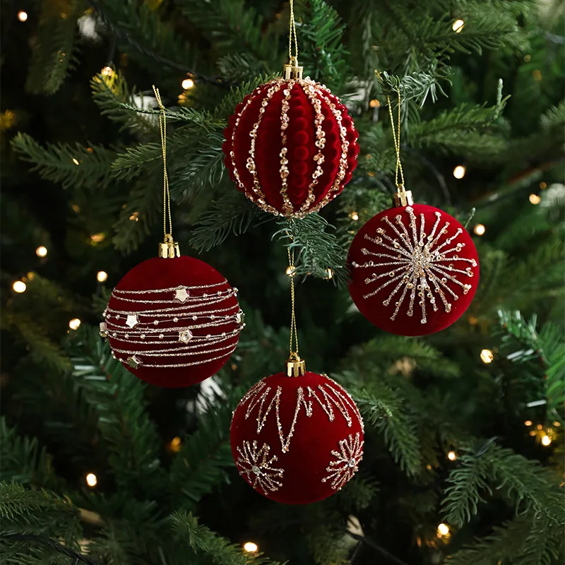 New Luxury Flocking Christmas Ball Ornaments 8cm Wine Red Plastic Sequin Decorations  Christmas Tree Hanging Decoration - Nihaojewelry