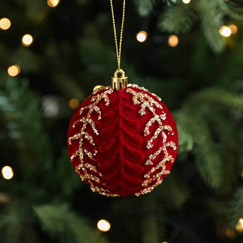 New Luxury Flocking Christmas Ball Ornaments 8cm Wine Red Plastic Sequin Decorations  Christmas Tree Hanging Decoration - Nihaojewelry