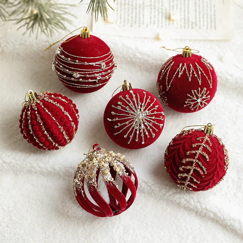 New Luxury Flocking Christmas Ball Ornaments 8cm Wine Red Plastic Sequin Decorations  Christmas Tree Hanging Decoration - Nihaojewelry