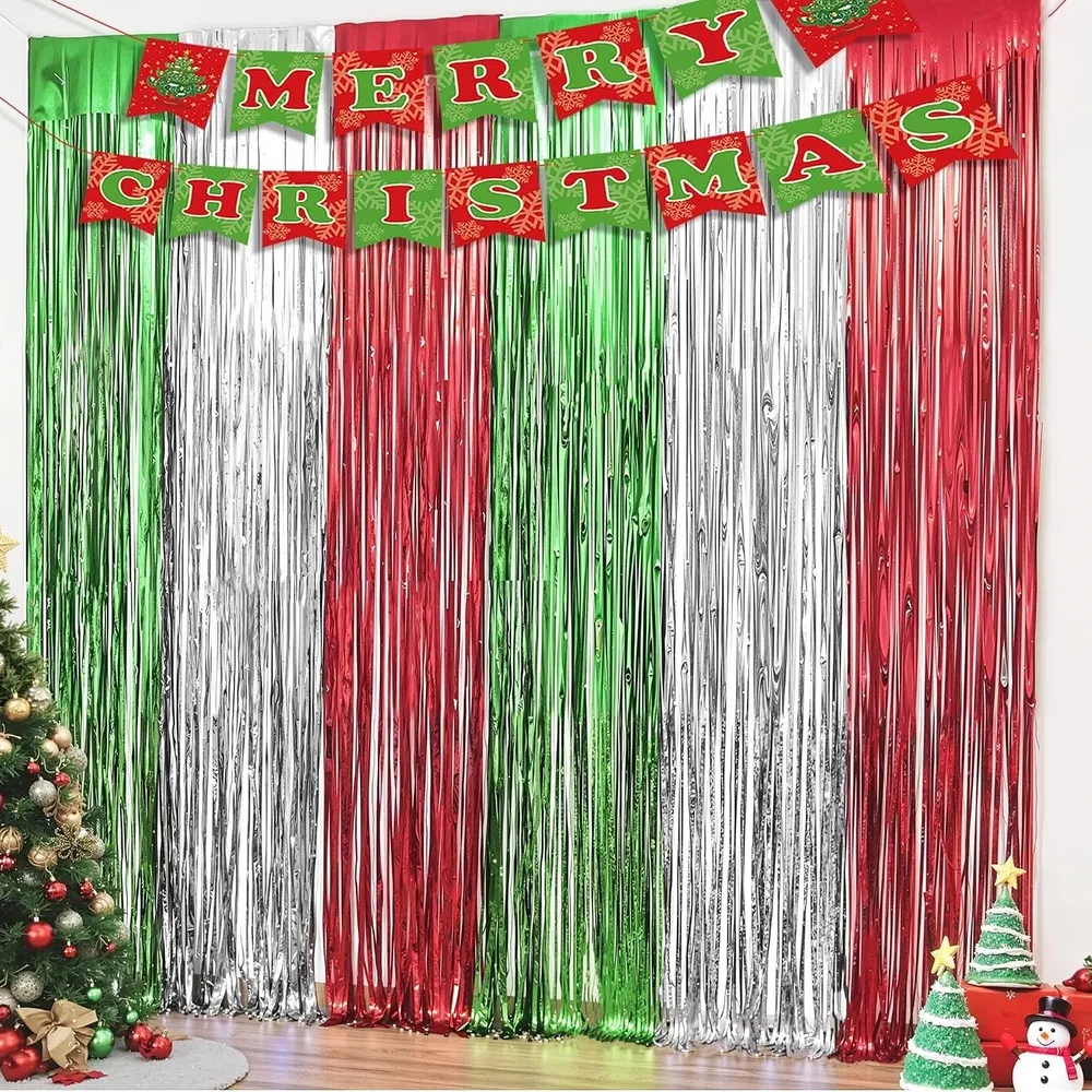 OHOME Purple Tinsel Curtain Party Backdrop Foil Fringe Metallic Party Streamers – Purple Birthday Decorations, 2 Pack, 3.3ftx8.2ft(Red Green Silver) - OHOME