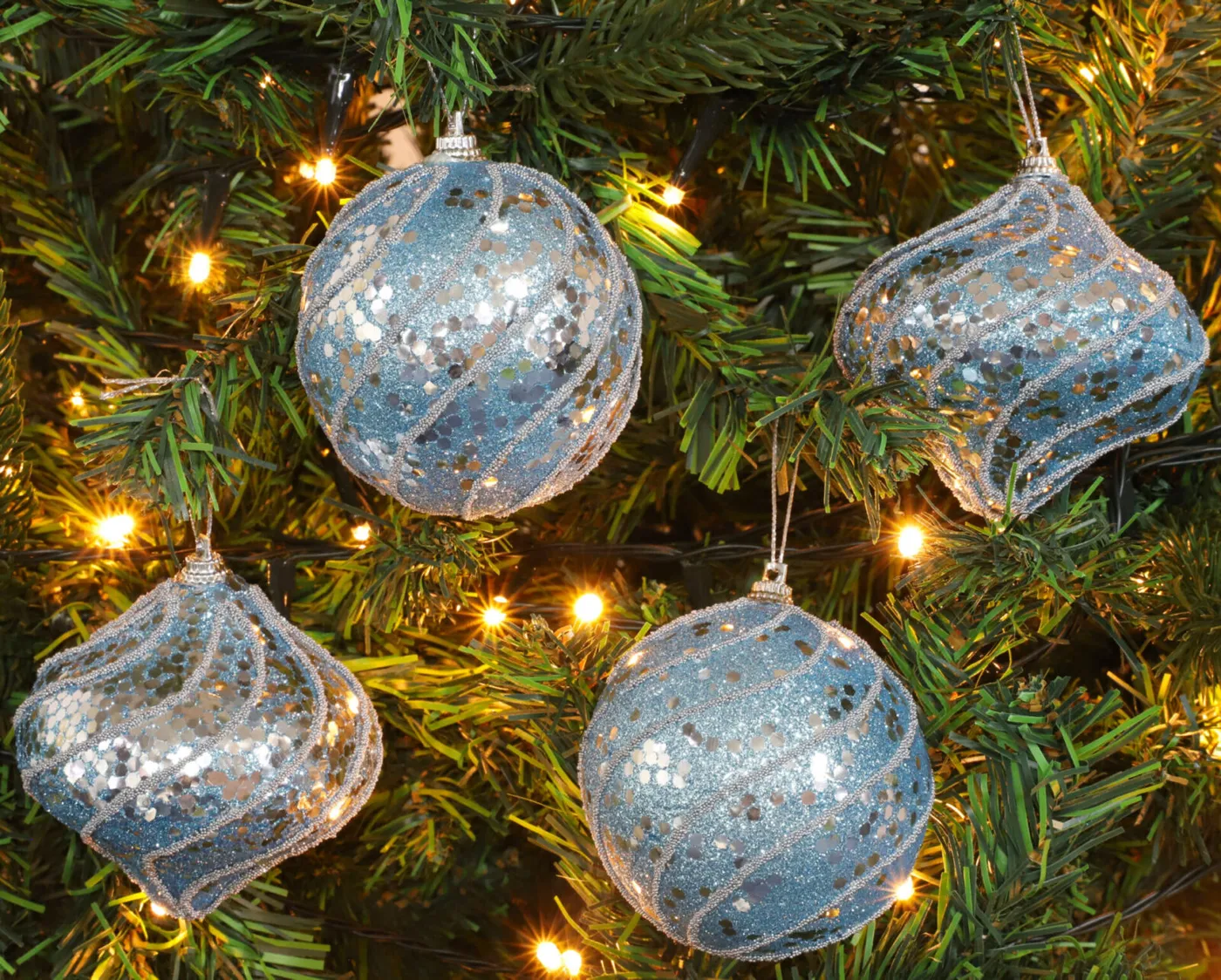 Pack of 24-80mm (3 Inch) Ice Blue & Silver Decorated Baubles - Glitter  Swirl Design - Christmas Tree Decorations