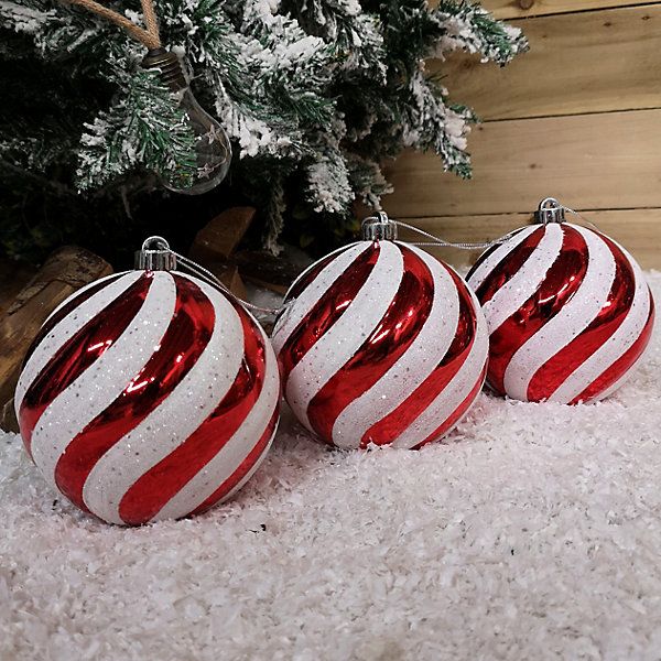Pack of 3 Large Red & White Candy Cane Shatterproof Christmas Baubles  Decorations