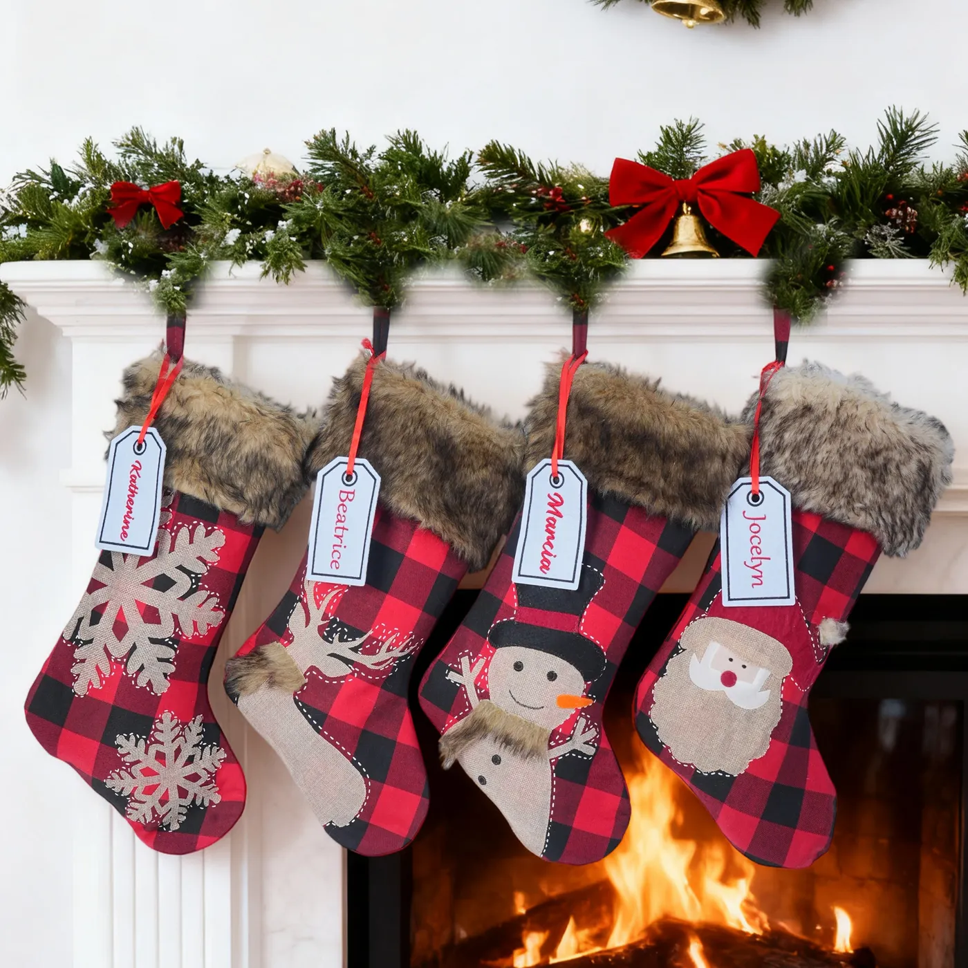 Personalized Embroidered Faux Fur Buffalo Plaid Christmas Stocking with Name Tag, Festive Fireplace Holiday Tree Decor, Christmas Gift for Family/Kids