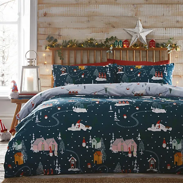 Portfolio Home Christmas Gonks Village Duvet Cover Set Green Super King Bed  Linen Bedding with Pillow Cases