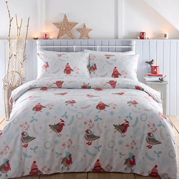 Portfolio Home Robins Birds Festive Multi King Soft Easy Care Bed Linen  Bedding Duvet Cover Quilt Set With Pillow Cases