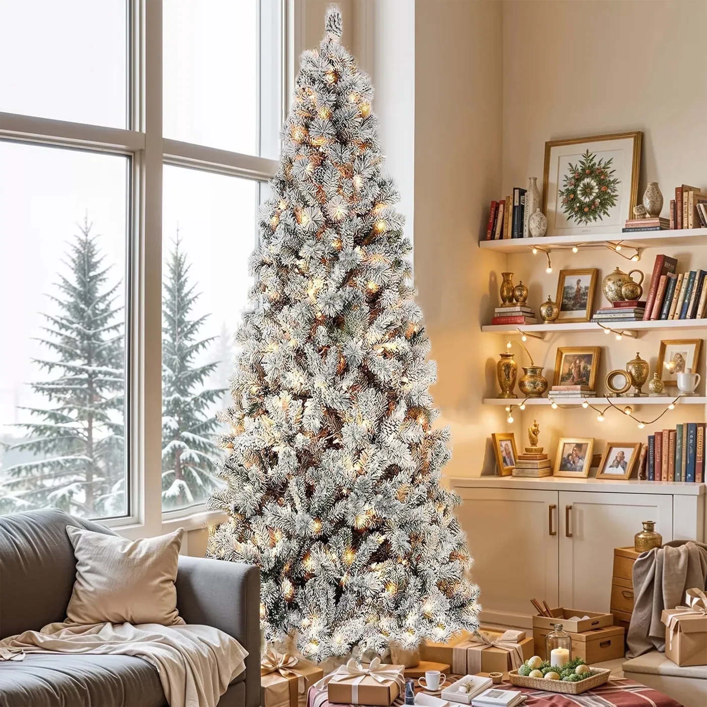 Posrue 6.5ft Pre-Lit Snow Flocked Slim Christmas Sierra Leone | Ubuy