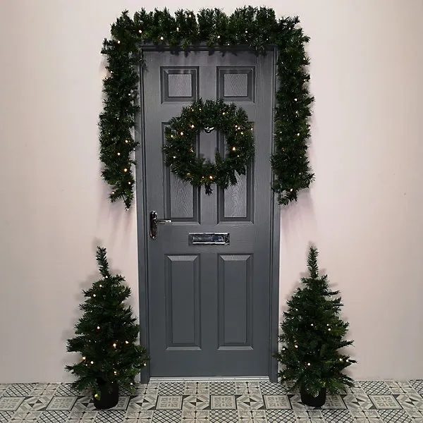 Pre Lit Christmas Door Decoration Kit 90cm Trees or Garland & 60cm Wreath