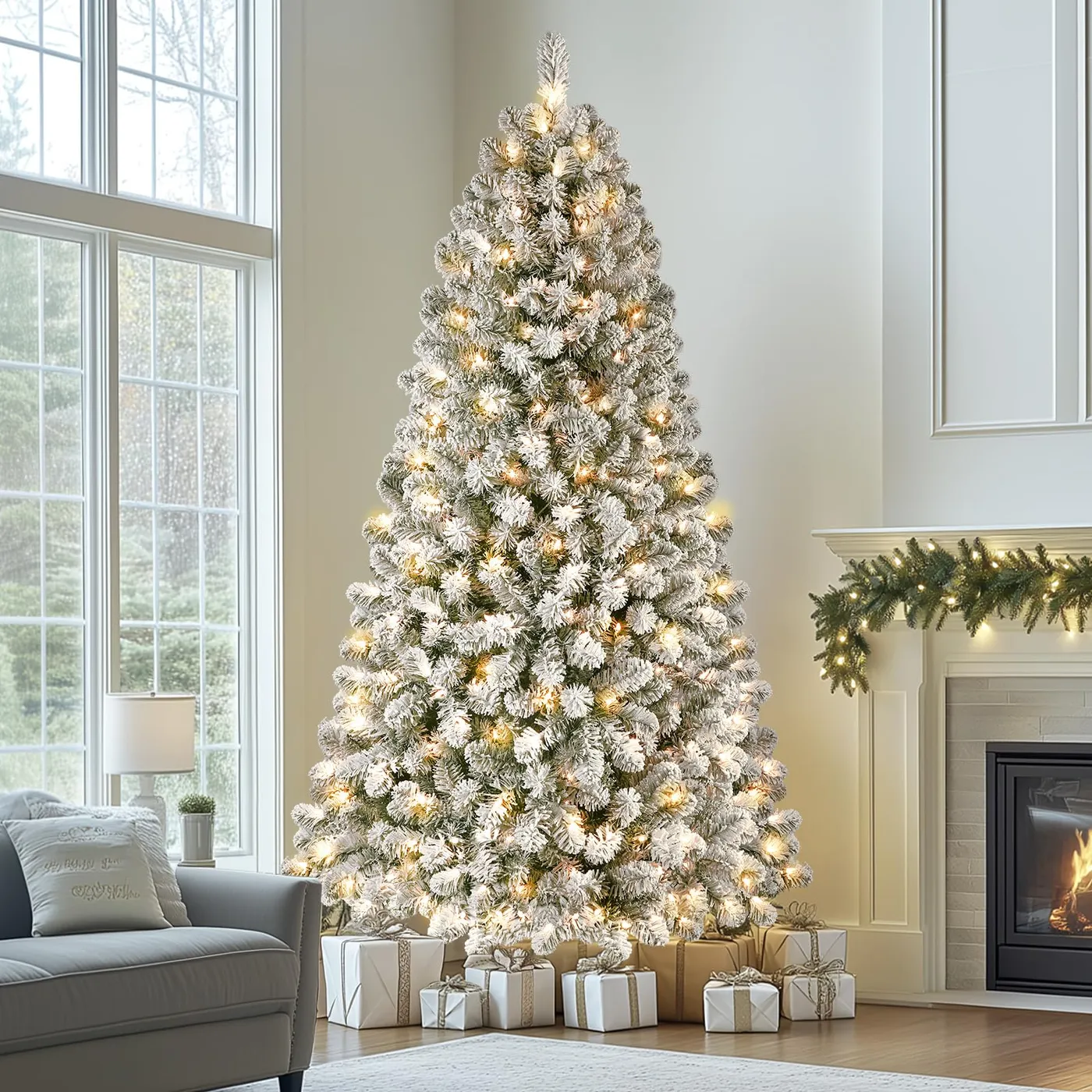 Pre-Lit White Flocked Spruce Christmas Tree with Warm White Lights | 4.5-9FT | SHareconn Warm White Lights / 7.5ft