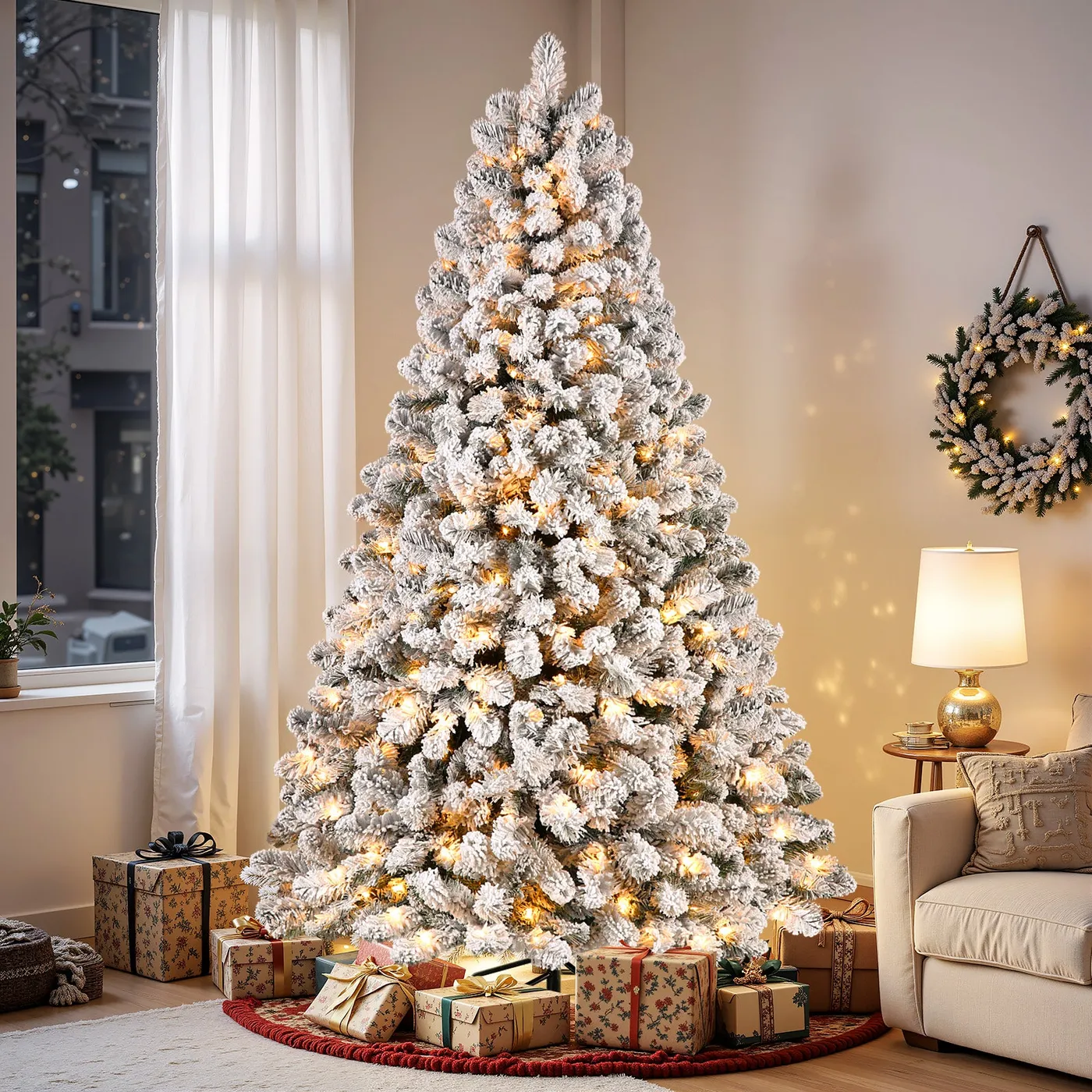 Pre-Lit White Flocked Spruce Christmas Tree with Warm White Lights | 4.5-9FT | SHareconn Warm White Lights / 7.5ft