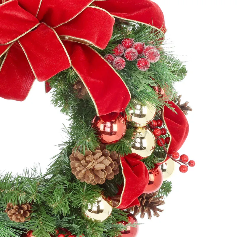 Red and Gold Holiday Wreath with Ornaments and Pine Cones