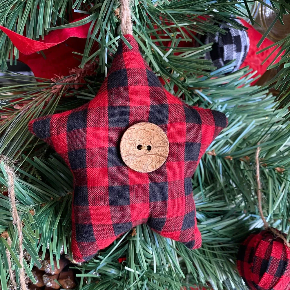 Red & Black Mini Buffalo Plaid Homespun Fabric Star Christmas Ornaments -  Set of 3 - by Marilee Home - Jubilee Fabric