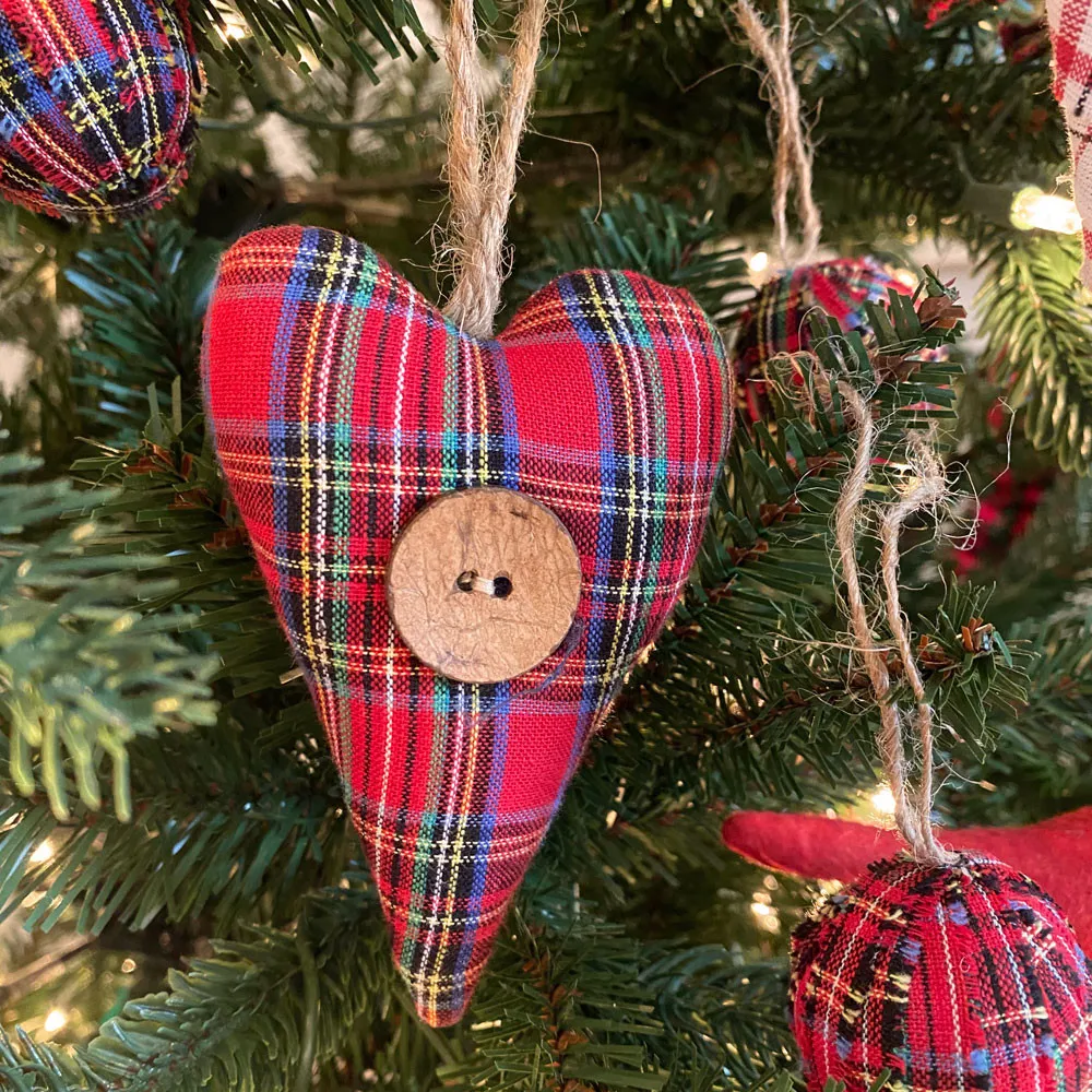 Red Tartan Homespun Fabric Heart Christmas Ornaments Valentine Decor - Set of 3 - by Marilee Home - Jubilee Fabric
