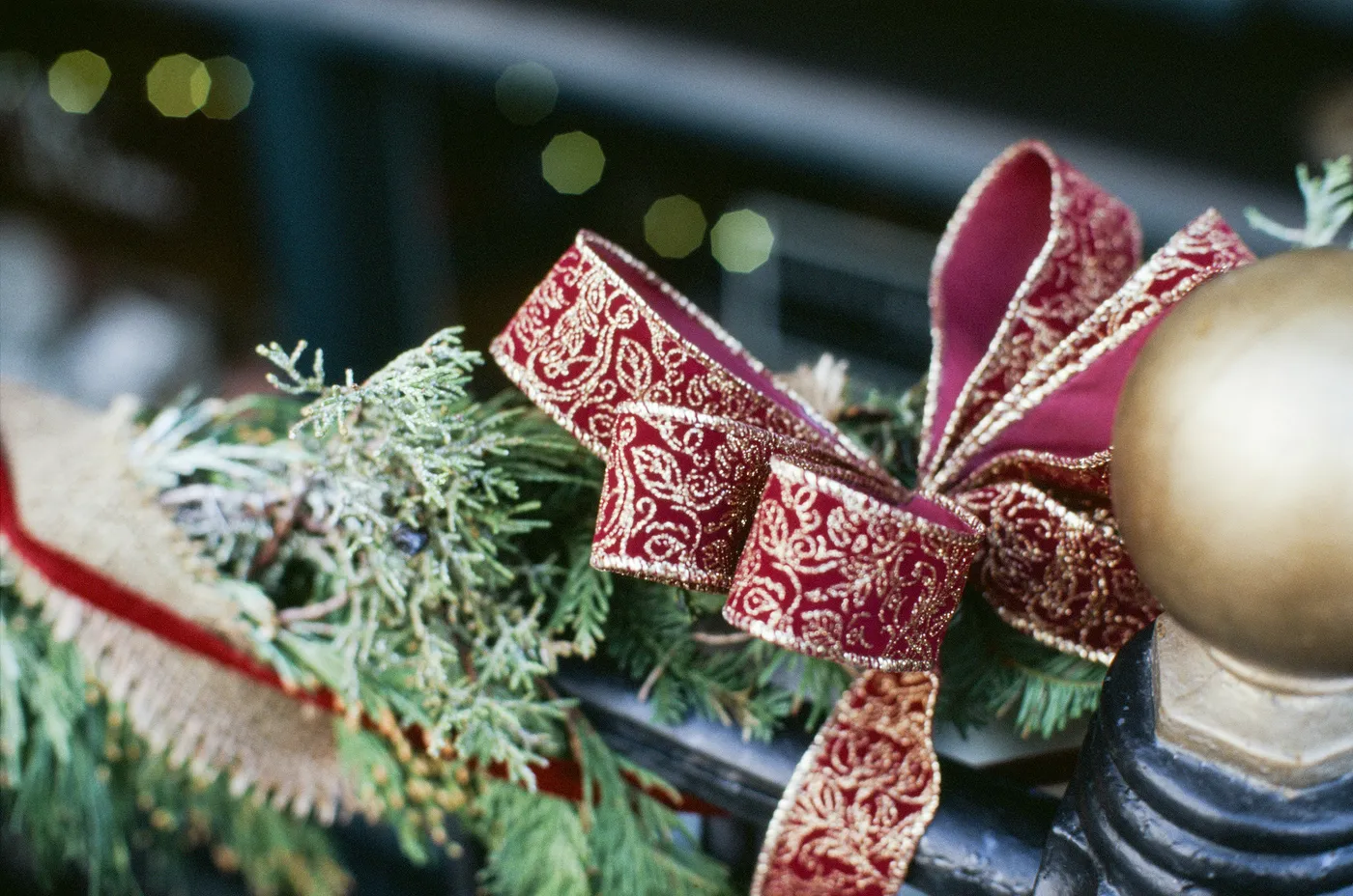 Red velvet bow on a christmas garland