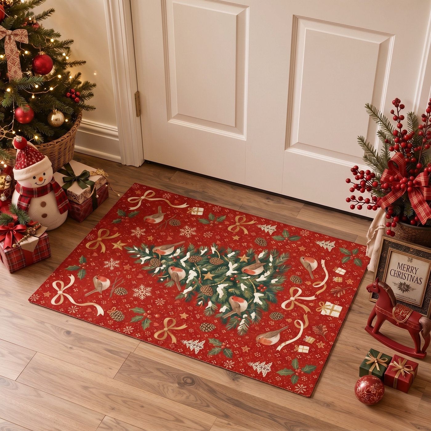 Robi Christmas Tree & Robin Birds Rug - Washable & Non-Slip | GENIMO