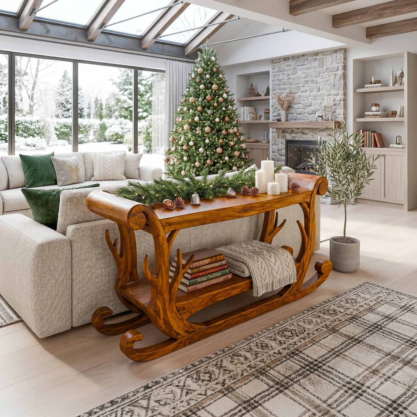 Rustic Console Table With Christmas Sleigh Inspired Design For Entryway And Hallway