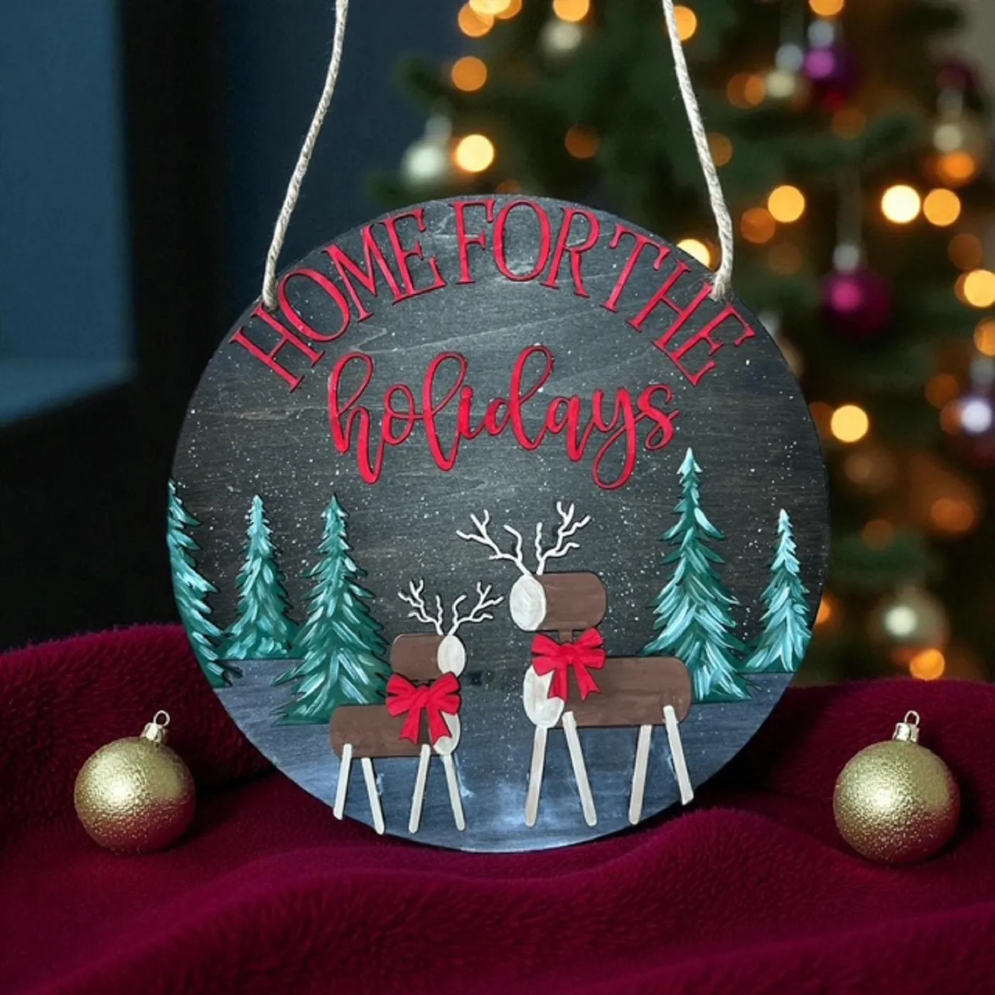 Rustic Deer Holiday Door Hanger, Winter Woodland Scene, Christmas Décor