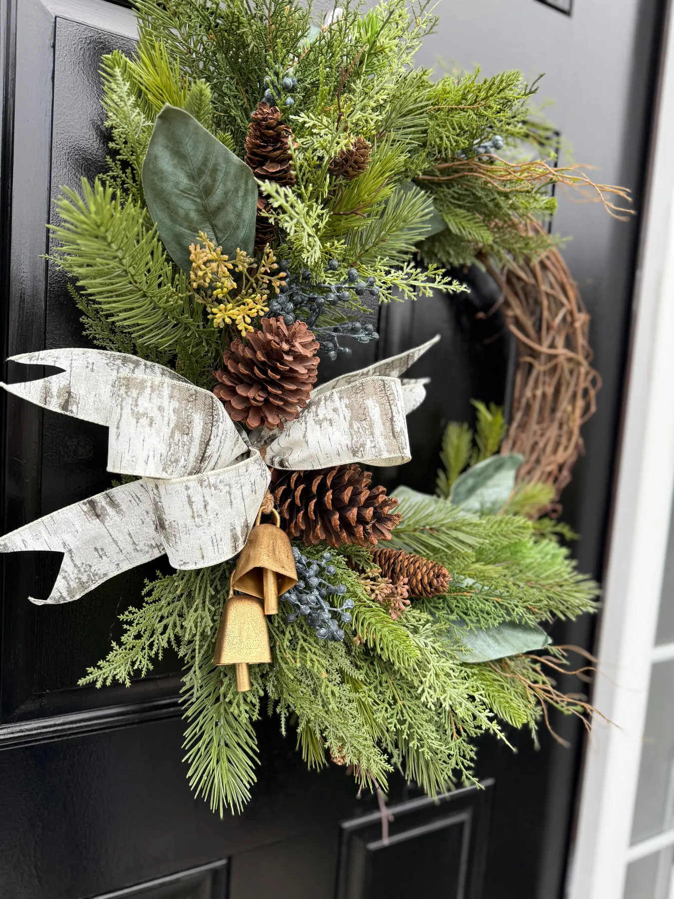 Rustic Evergreen Pinecone Wreath with Bells – Winter Front Door Décor No Monogram