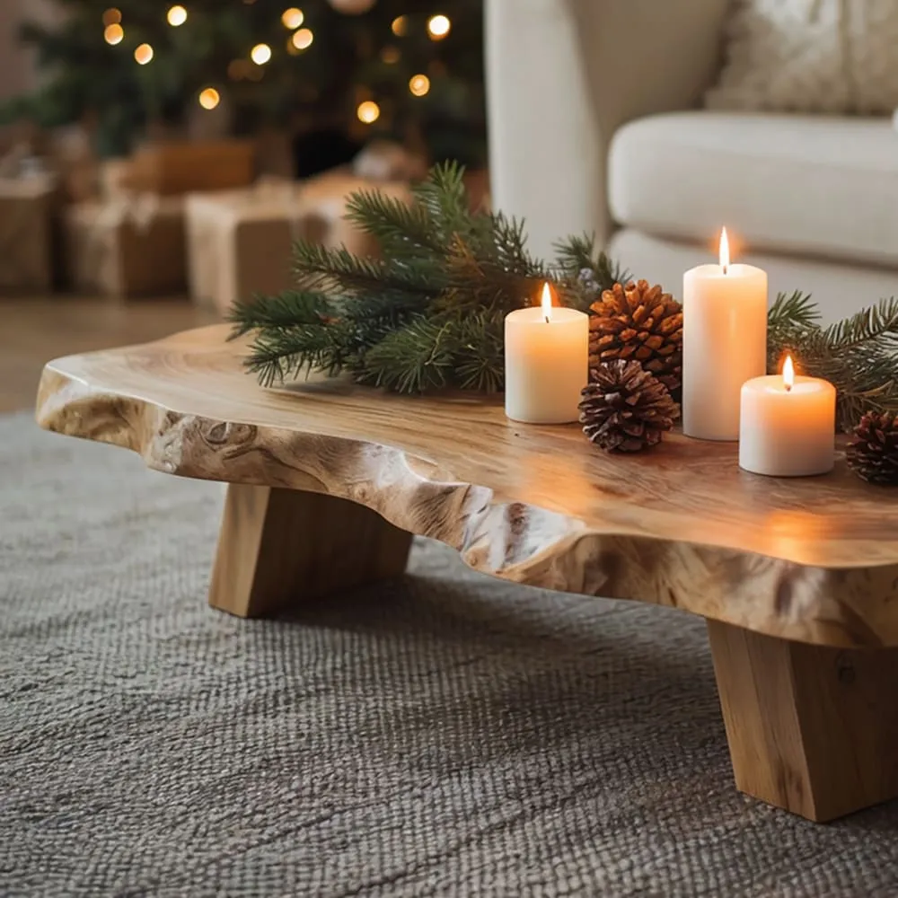 Rustic Live-Edge Solid Wood Low Christmas Coffee Table & Festive Centerpiece