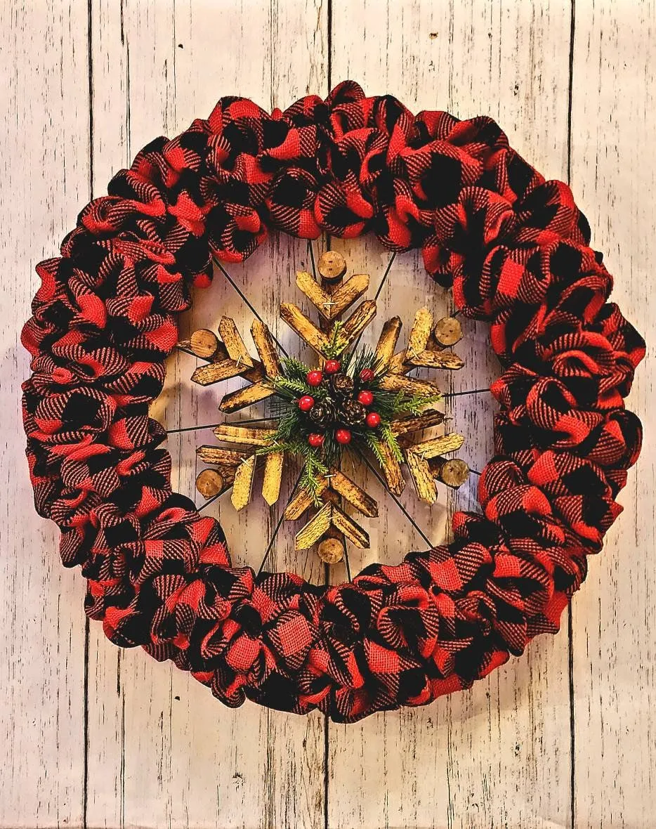 Rustic Winter Wreath; Red Buffalo Plaid Bike Wheel Wreath; Snow Flake  Wreath; Red and black check wreath; bicycle wheel wreath;