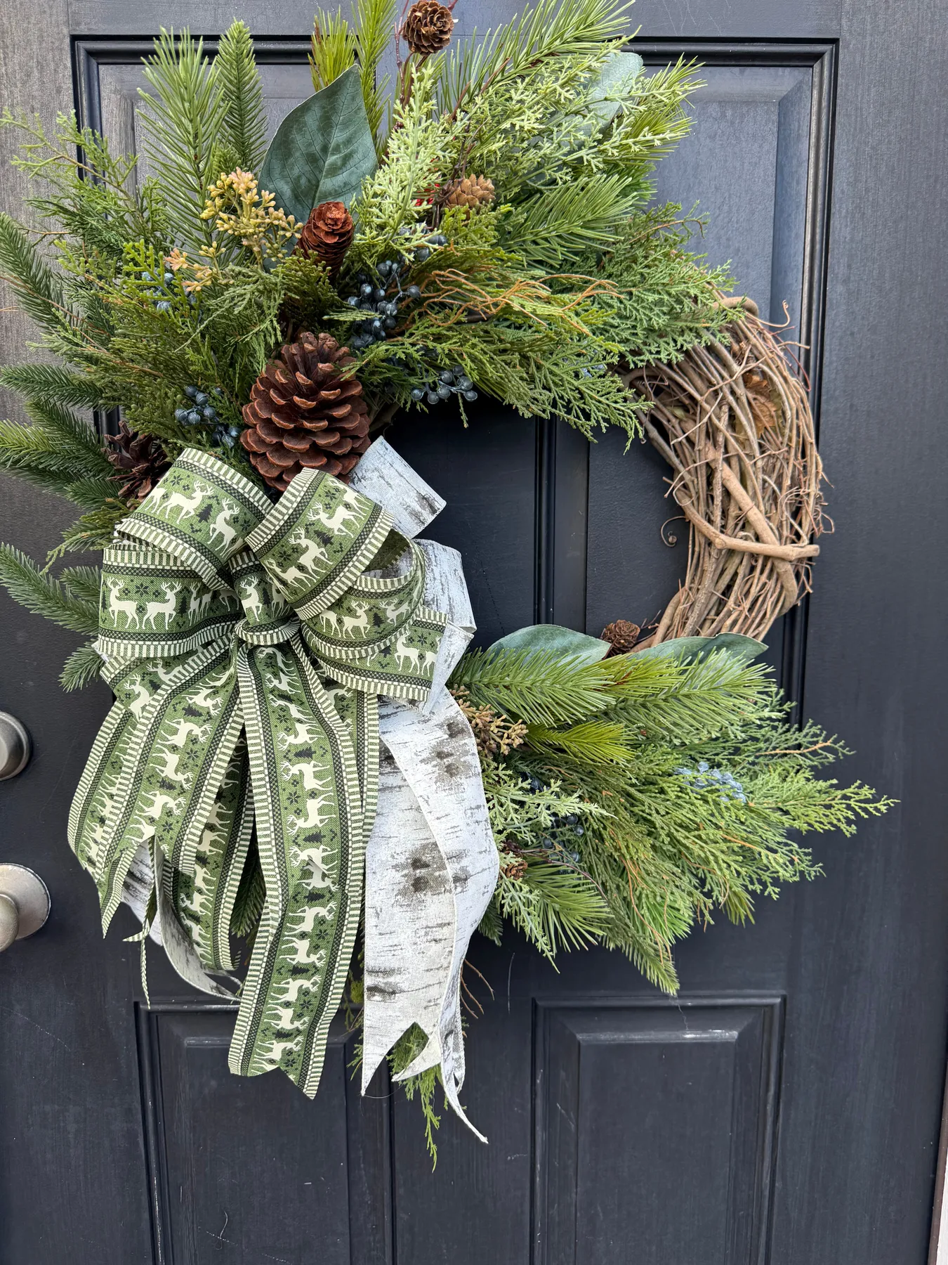 Rustic Winter Wreath w Monogram for Front Door w Deer Bow With Monogram