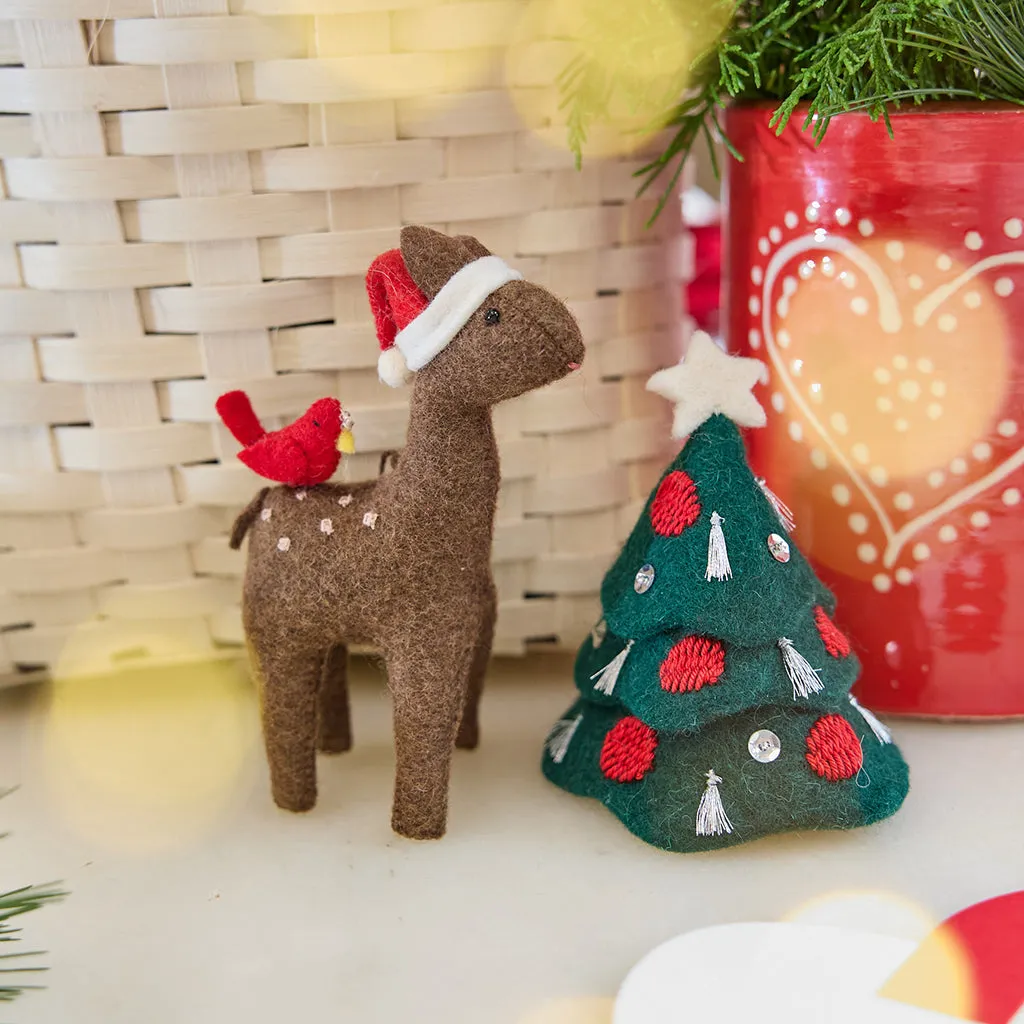 Santa Deer with Bird Friend Ornament – Handmade Woodland Holiday Décor –  Craftspring