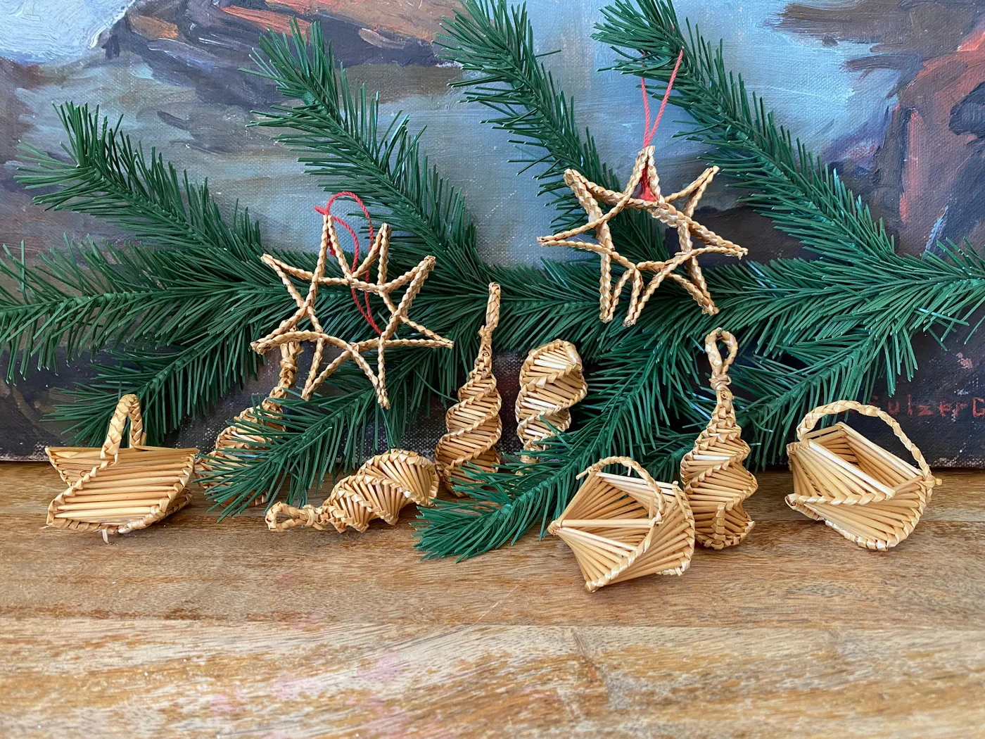 Scandinavian Christmas Tree Christmas Straw Seasonal Ornaments Vintage  Swedish Scandinavian Woven Straw Christmas Ornament Set Of 10