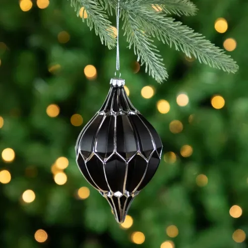 Set of 2 Matte Black & Silver Finial Christmas Glass Ornaments 5' |  Christmas