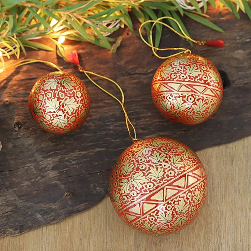 Set of 3 Papier Mache Ornaments with Red Leafy Details