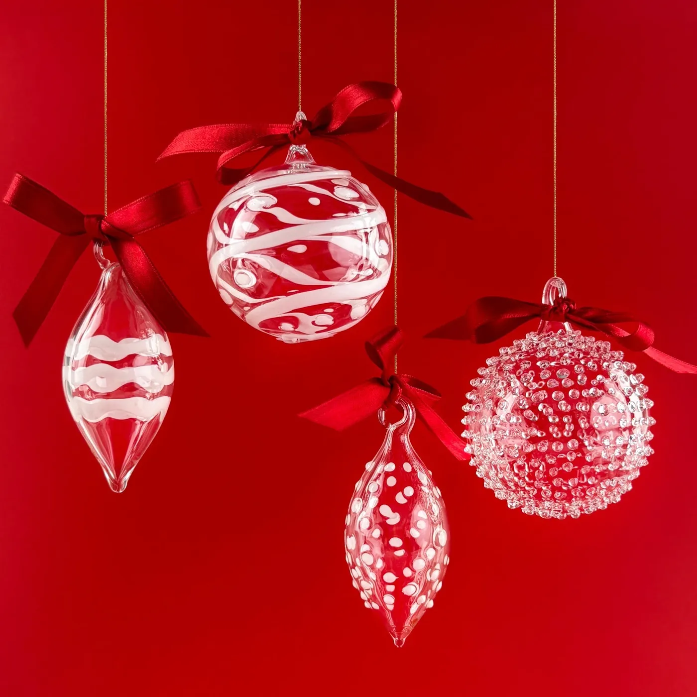 Set of 4 - Blown Clear Glass Texture Ornaments, Made in Italy