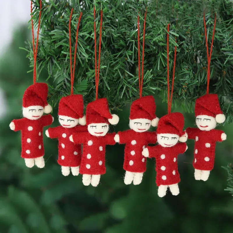 Set of 6 Sleeping Elf Wool Felt Ornaments