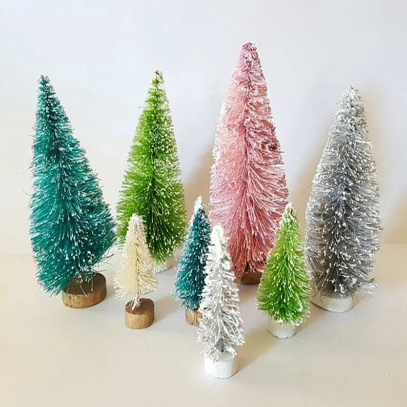 Set of 8 Mini MULTI Assorted Color Mix Miniature Sisal Bottle Brush Snow Flocked Christmas Trees | Bottle Brush Tree Store - Wholesale sisal bottle brush trees Holiday Decor & craft supplies