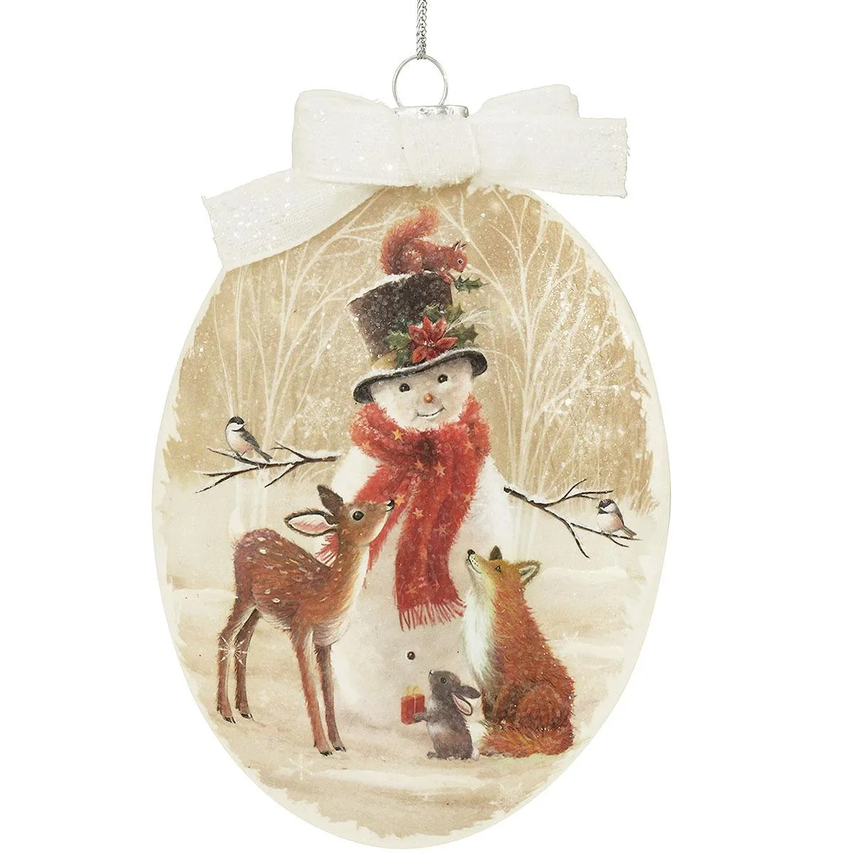 Snowman With Woodland Animals Glass Disc Ornament