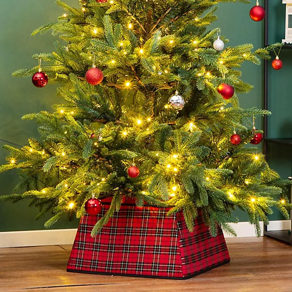 Square Christmas Tree Skirt in Red & Black Plaid, Durable Holiday Cover  with Folding Design